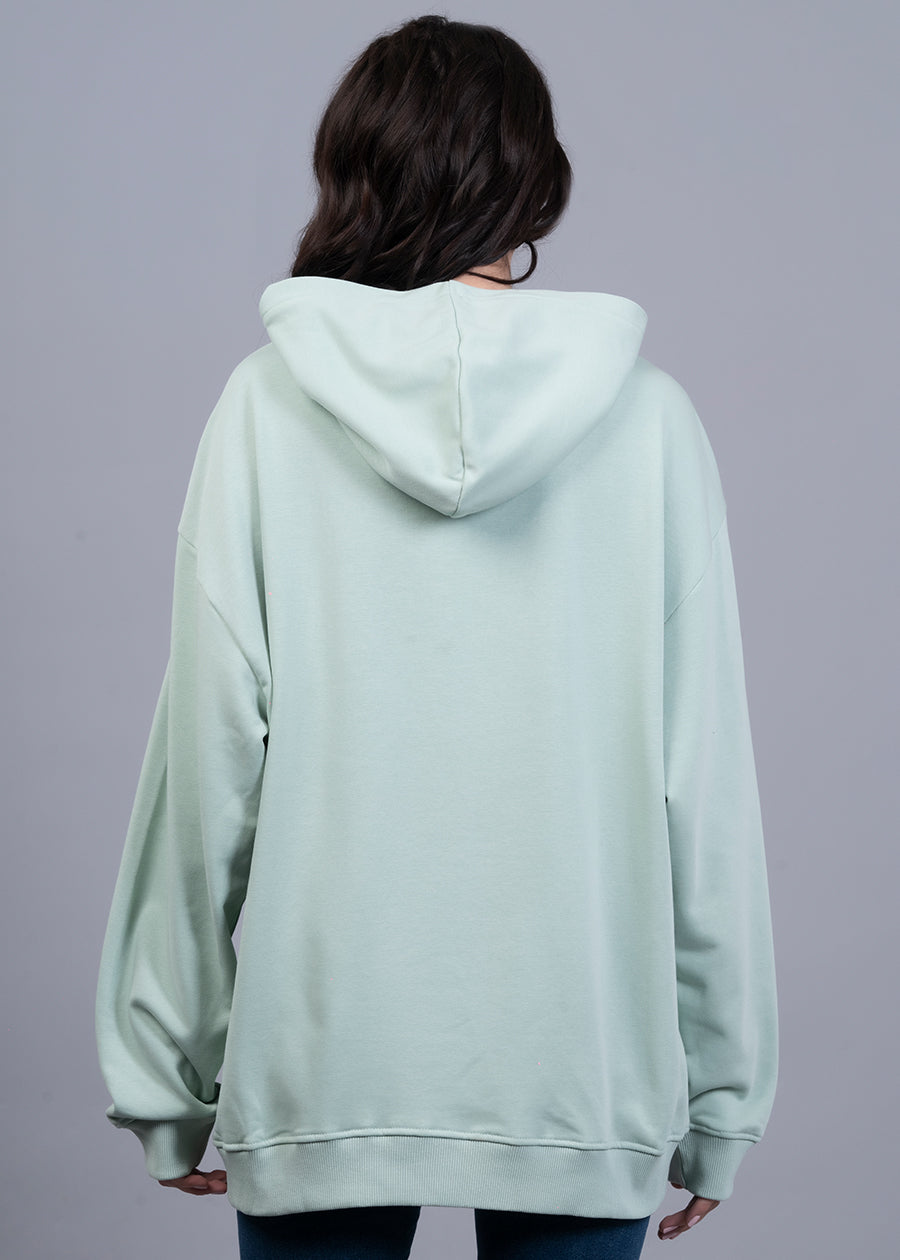 Solid Mint Green Women Drop Shoulder Terry Hoodie - Kurvy