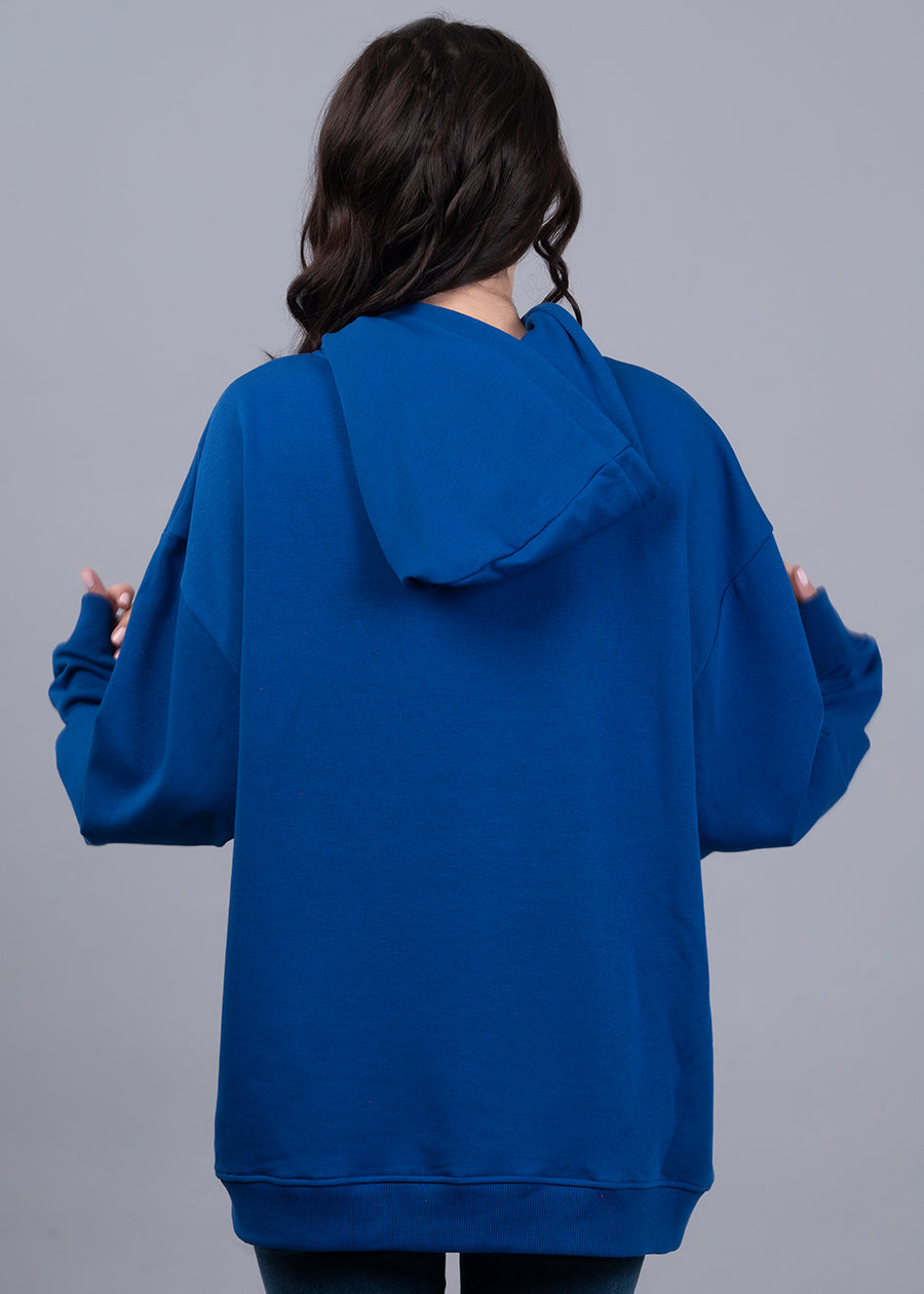 Solid Royal Blue Women Drop Shoulder Terry Hoodie - Kurvy