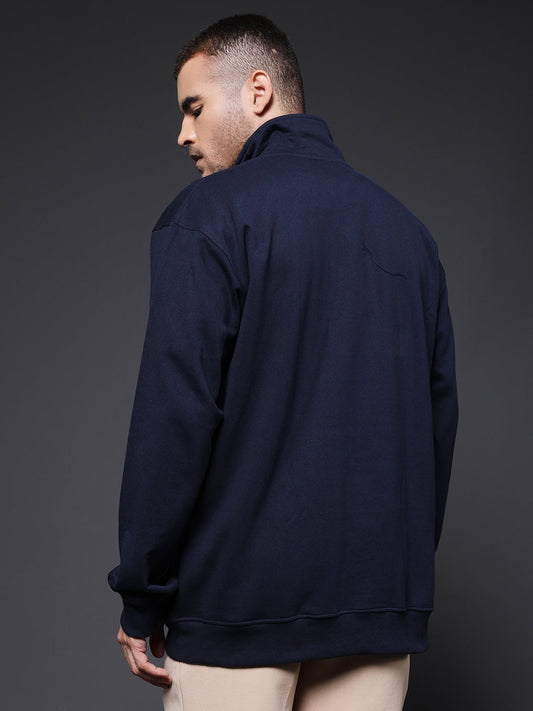 Solid Men Drop Shoulder Fleece Sweatshirt - Navy - Kurvy