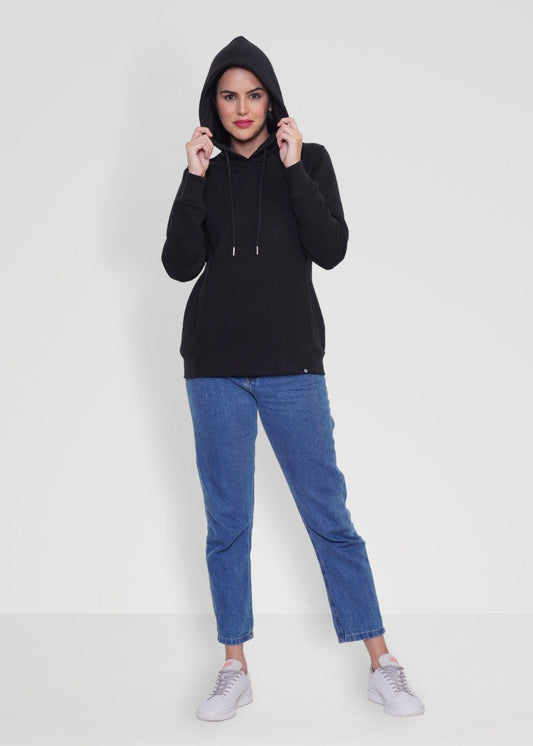 Women Fleece Hoodie Sweatshirt - Black - Kurvy