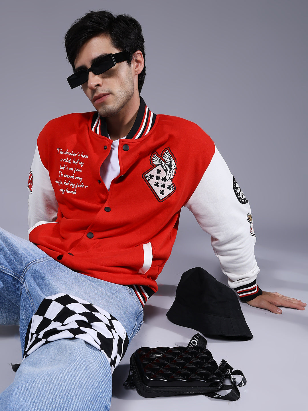 Cards Men Embroidered Varsity Bomber Jacket - Kurvy Jacket