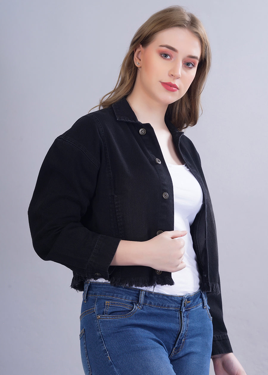 Cropped Black Denim Jacket For Womens - Kurvy Jacket