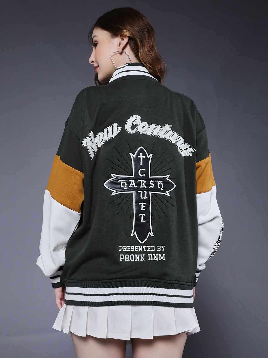 New Century Women Varsity Embroidered Bomber Jacket  -  Kurvy Jacket