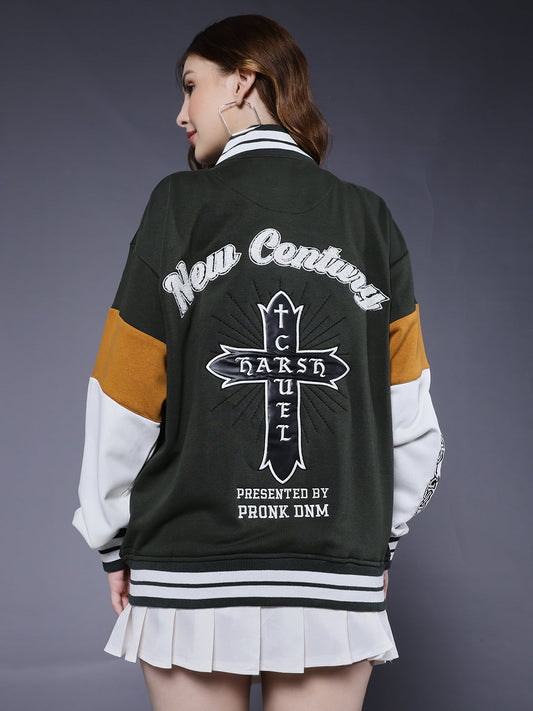 New Century Women Varsity Embroidered Bomber Jacket  -  Kurvy Jacket