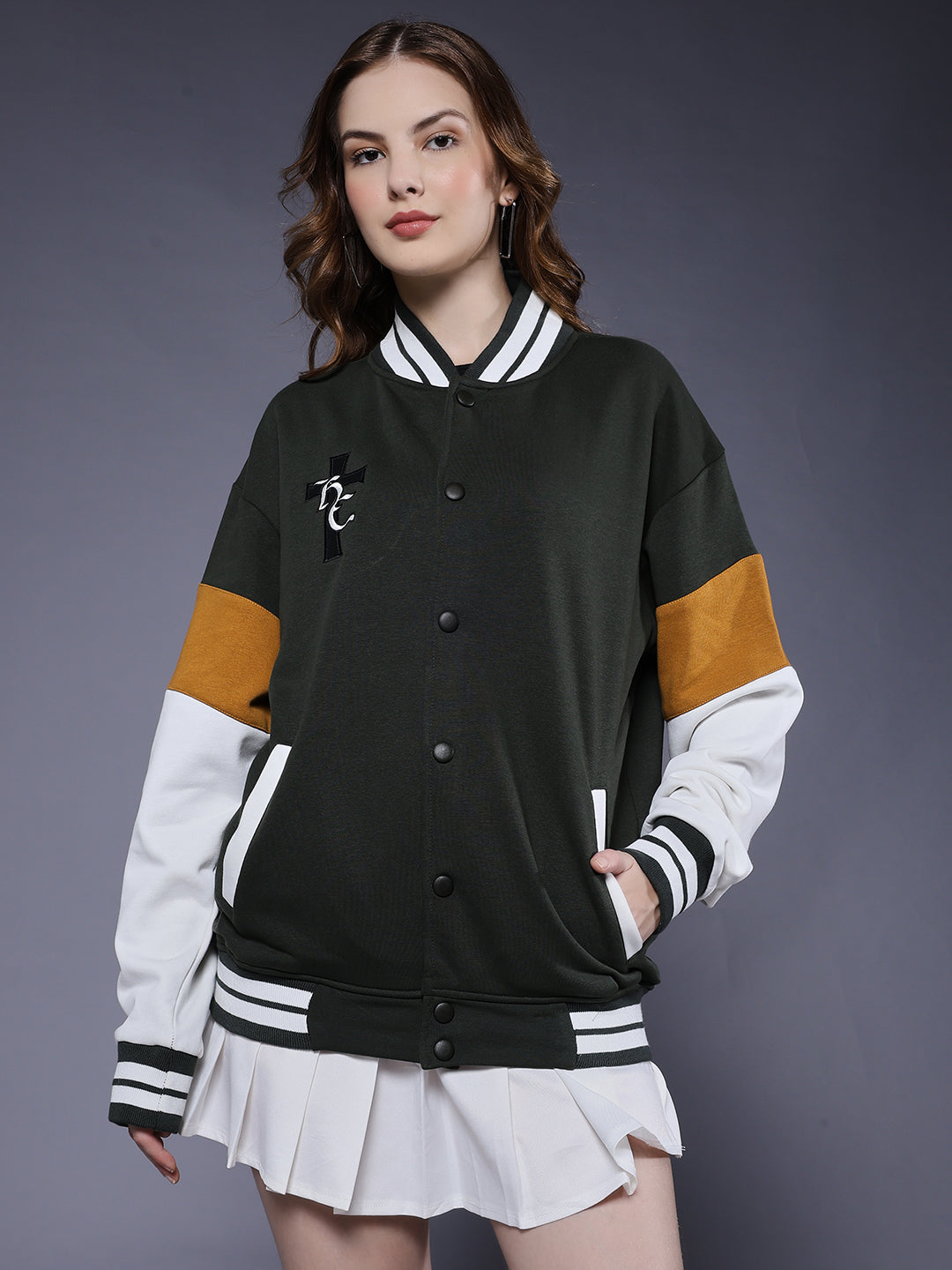 New Century Women Varsity Embroidered Bomber Jacket  -  Kurvy Jacket
