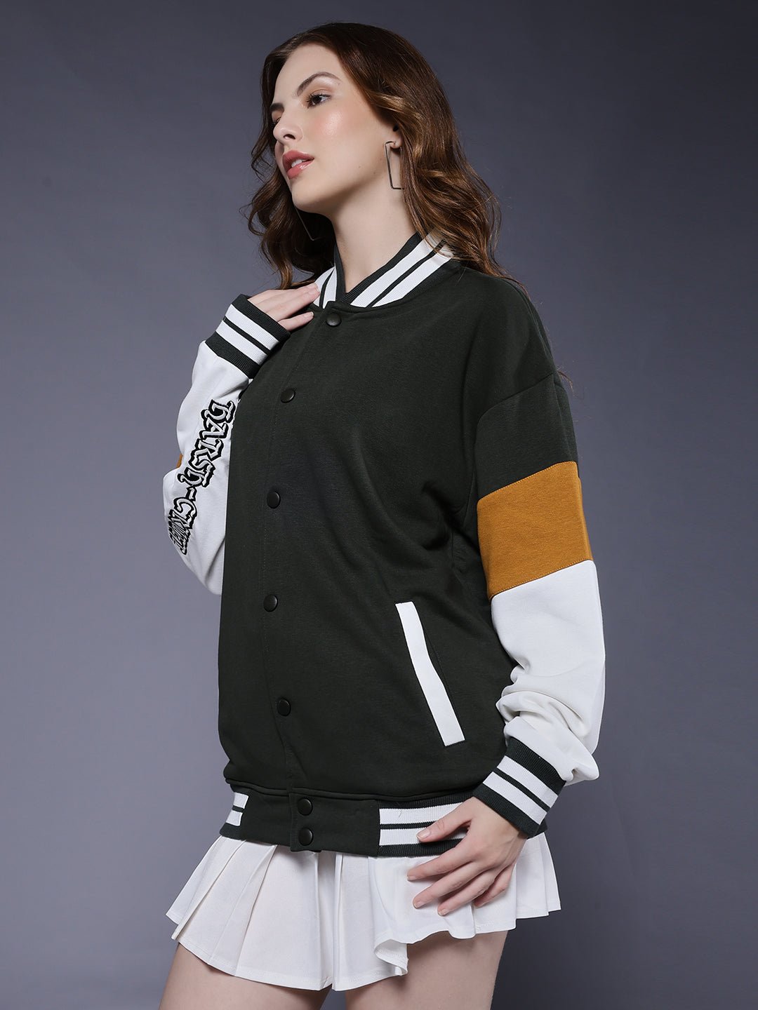 New Century Women Varsity Embroidered Bomber Jacket  -  Kurvy Jacket
