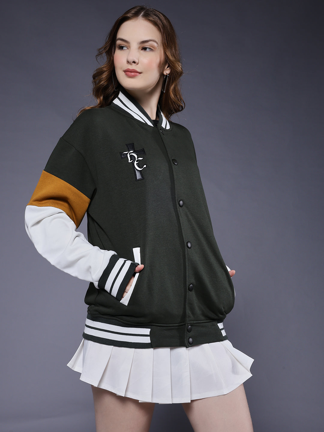 New Century Women Varsity Embroidered Bomber Jacket  -  Kurvy Jacket
