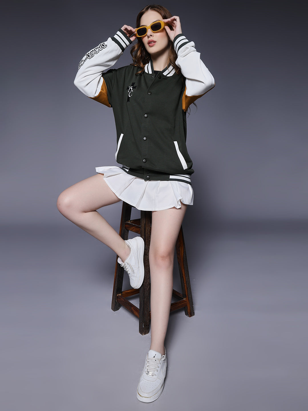 New Century Women Varsity Embroidered Bomber Jacket  -  Kurvy Jacket