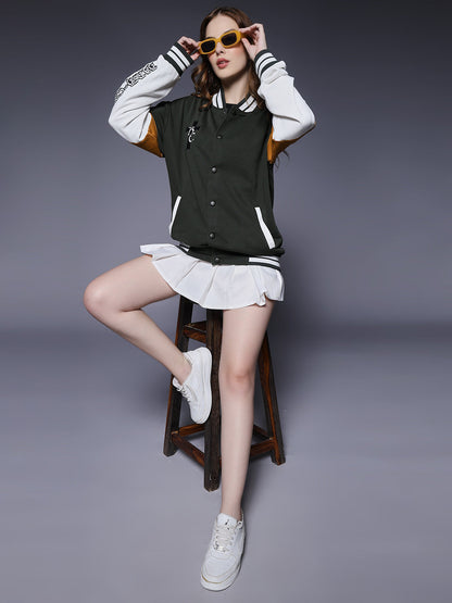 New Century Women Varsity Embroidered Bomber Jacket  -  Kurvy Jacket