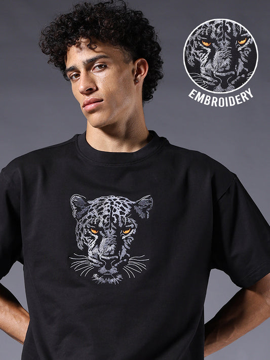 Panther Embroidered Men Premium Oversized Terry T-shirt  -  Kurvy Oversized T-Shirt