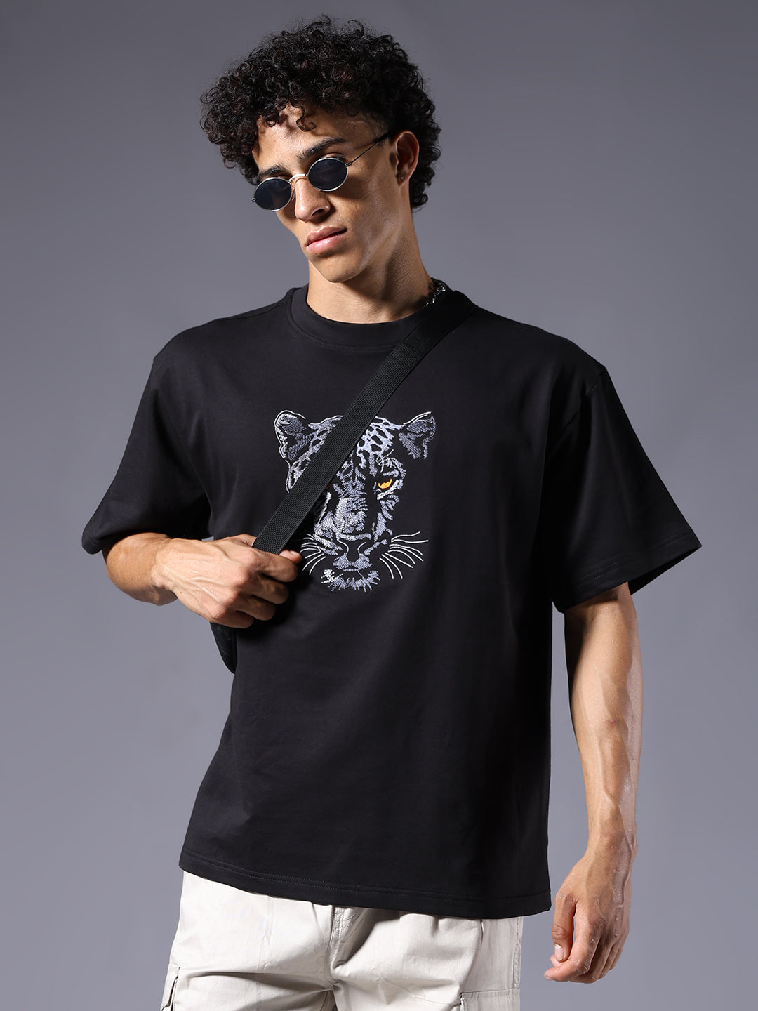Panther Embroidered Men Premium Oversized Terry T-shirt  -  Kurvy Oversized T-Shirt