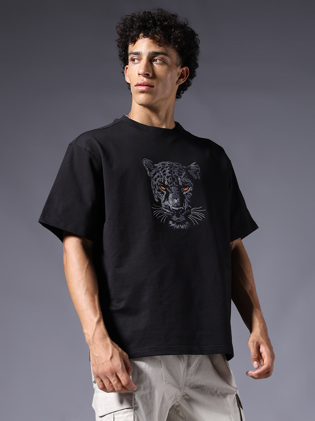 Panther Embroidered Men Premium Oversized Terry T-shirt  -  Kurvy Oversized T-Shirt