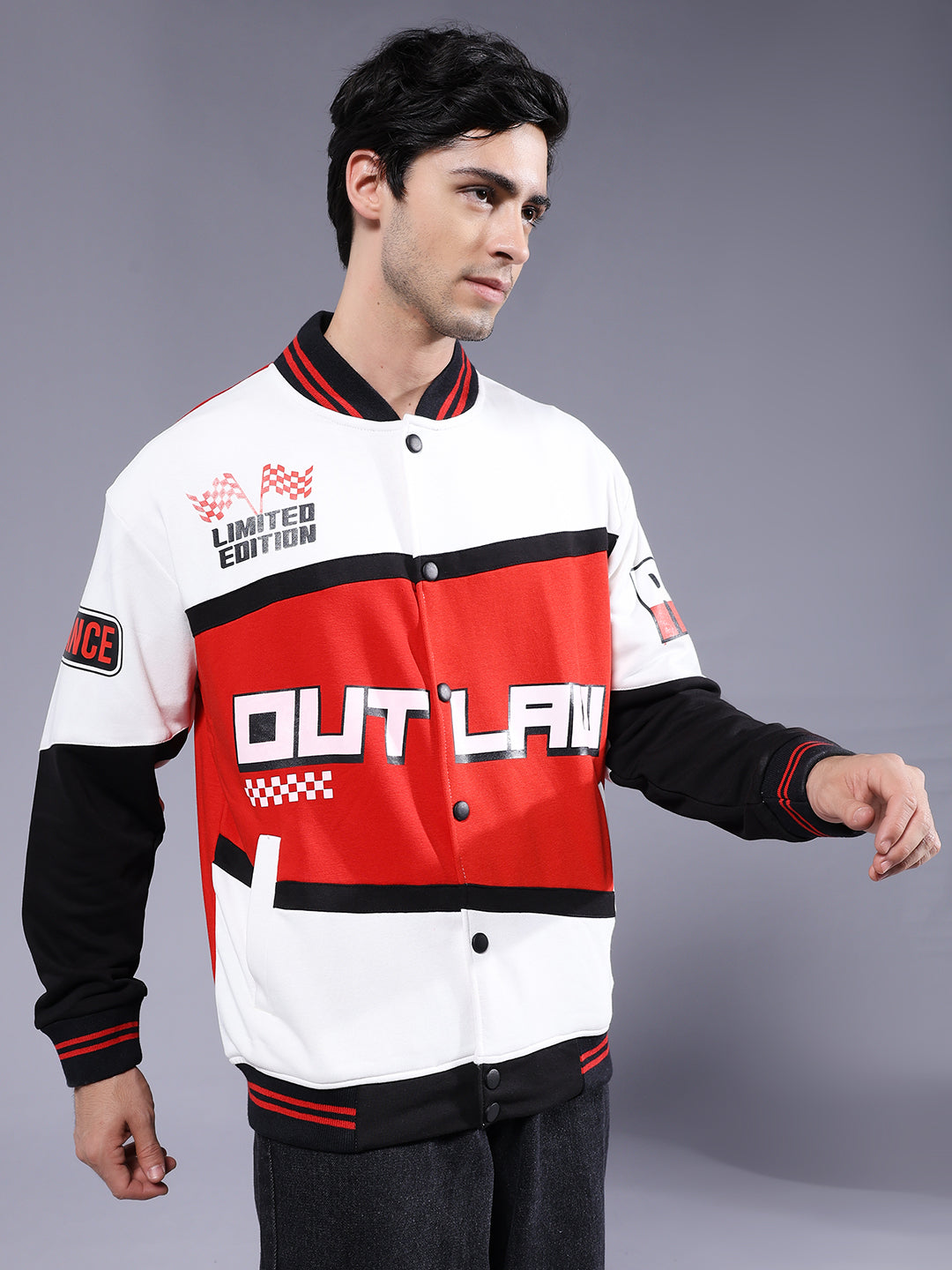 Men Graphic Printed Varsity Bomber Jacket  -  Kurvy Jacket