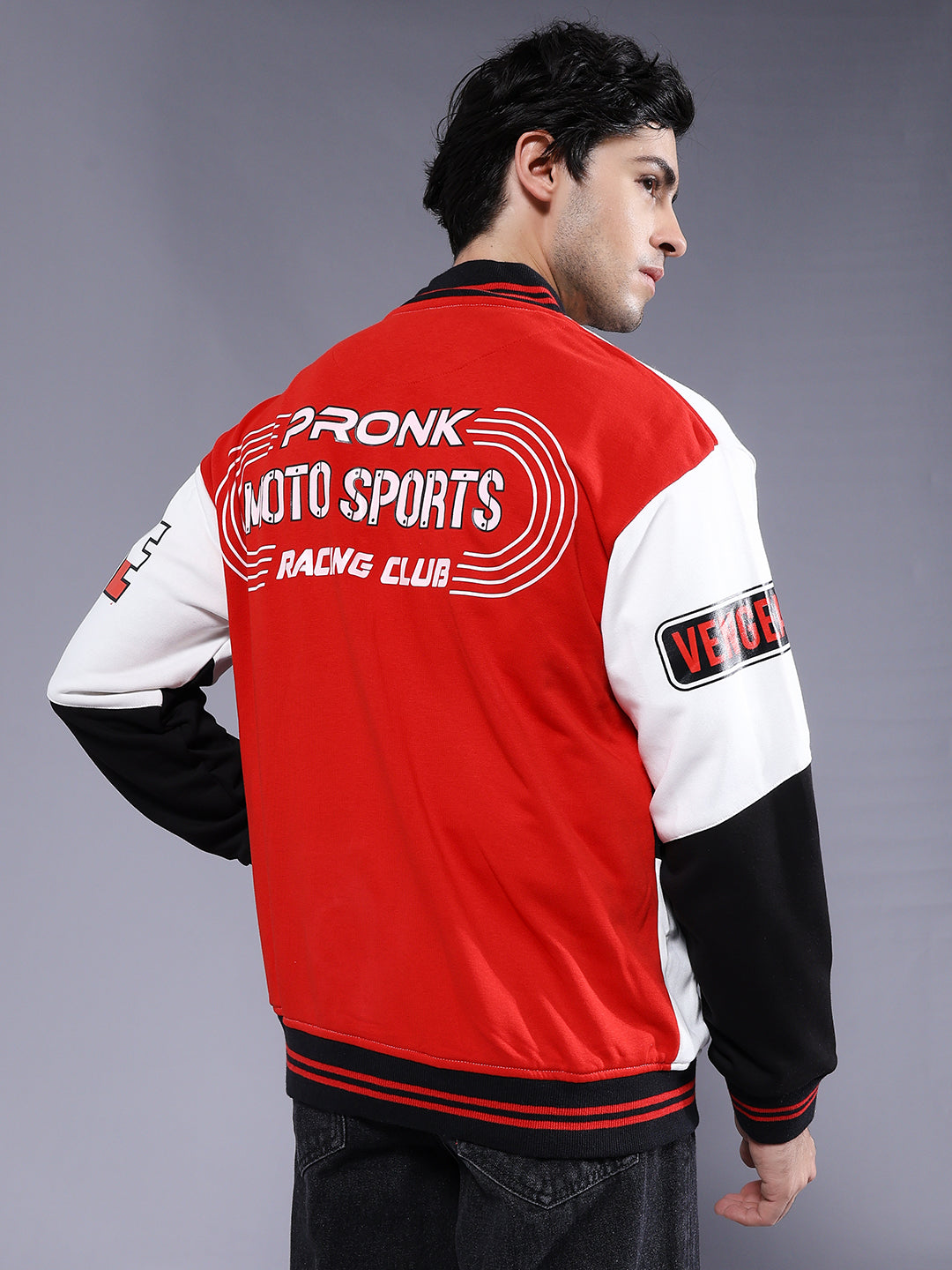 Men Graphic Printed Varsity Bomber Jacket  -  Kurvy Jacket