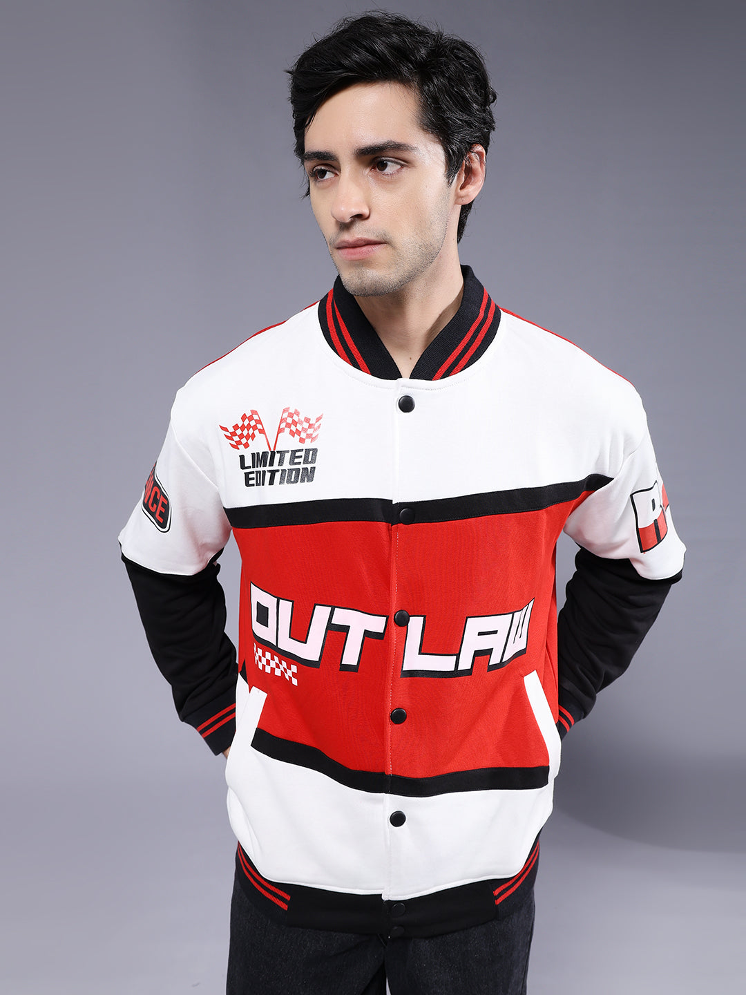 Men Graphic Printed Varsity Bomber Jacket  -  Kurvy Jacket