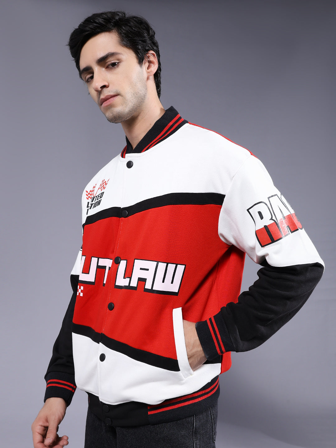 Men Graphic Printed Varsity Bomber Jacket  -  Kurvy Jacket