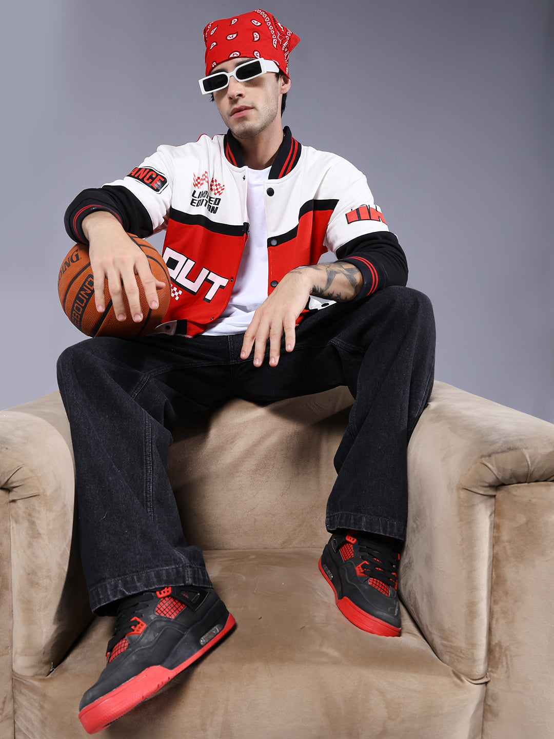 Men Graphic Printed Varsity Bomber Jacket  -  Kurvy Jacket