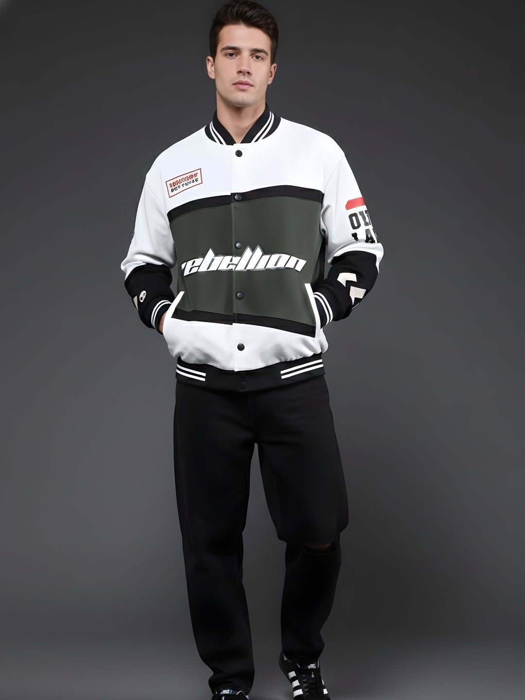Men Graphic Printed Varsity Bomber Jacket (1)  -  Kurvy Jacket