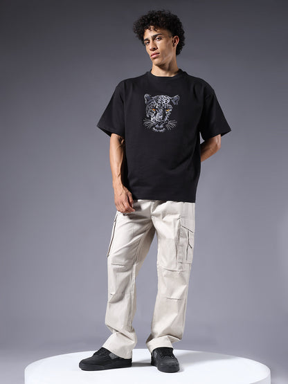 Panther Embroidered Men Premium Oversized Terry T-shirt  -  Kurvy Oversized T-Shirt