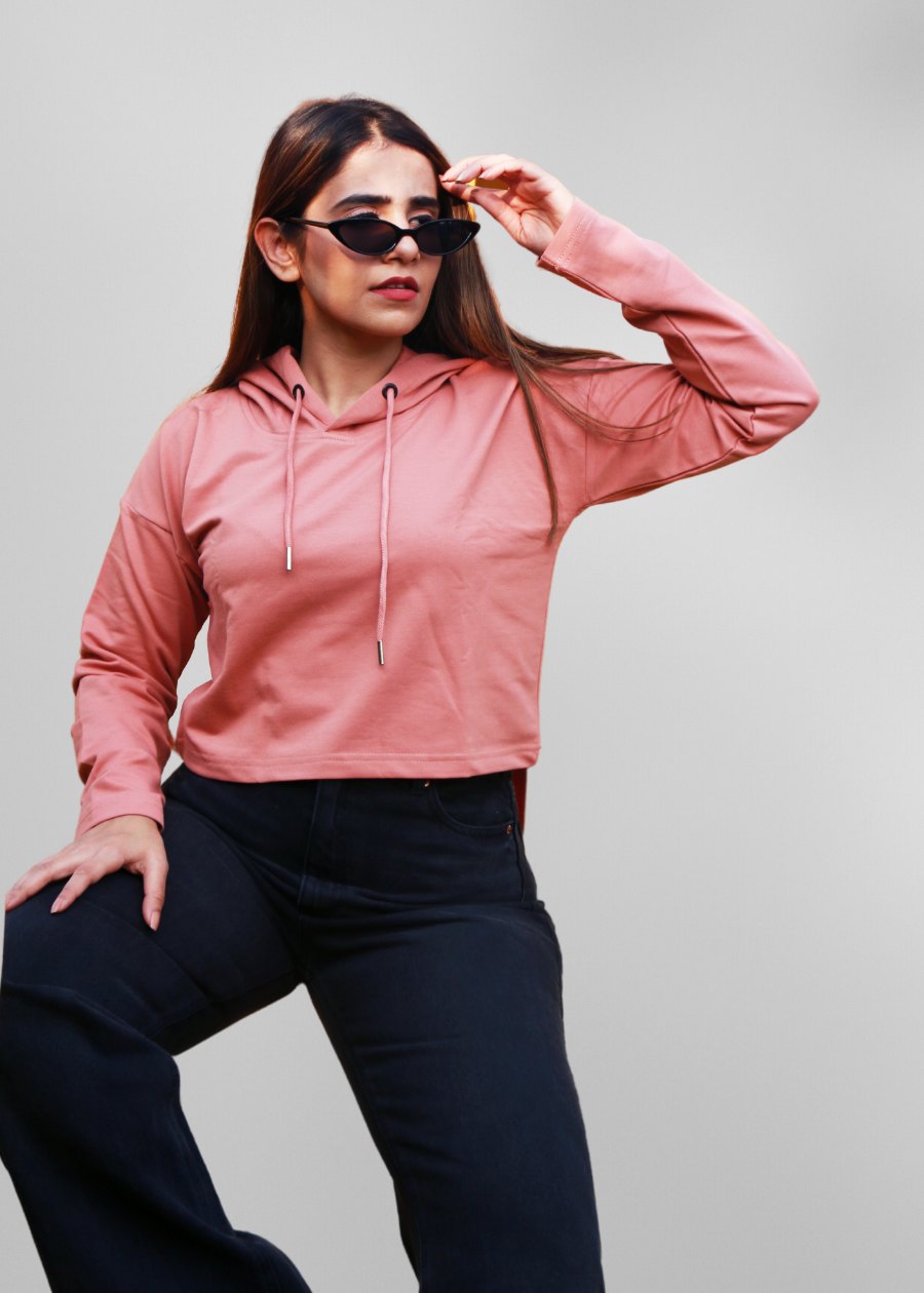 Salmon Pink Cropped Hoodie For Women _ Kurvy  -  Kurvy Hoodie