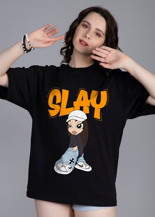 Slay Printed Black Oversized T-shirt Women _ Kurvy  -  Kurvy Oversized T-Shirt