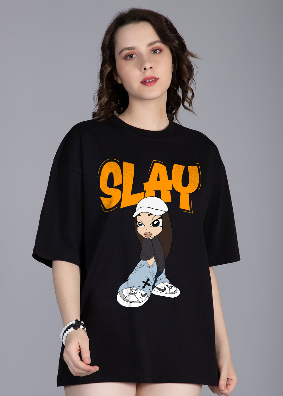 Slay Printed Black Oversized T-shirt Women _ Kurvy  -  Kurvy Oversized T-Shirt