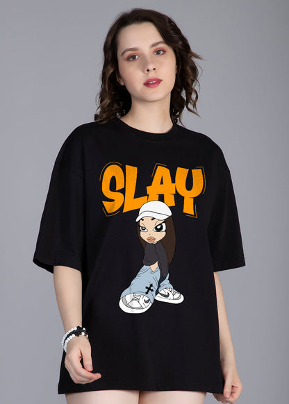 Slay Printed Black Oversized T-shirt Women _ Kurvy  -  Kurvy Oversized T-Shirt