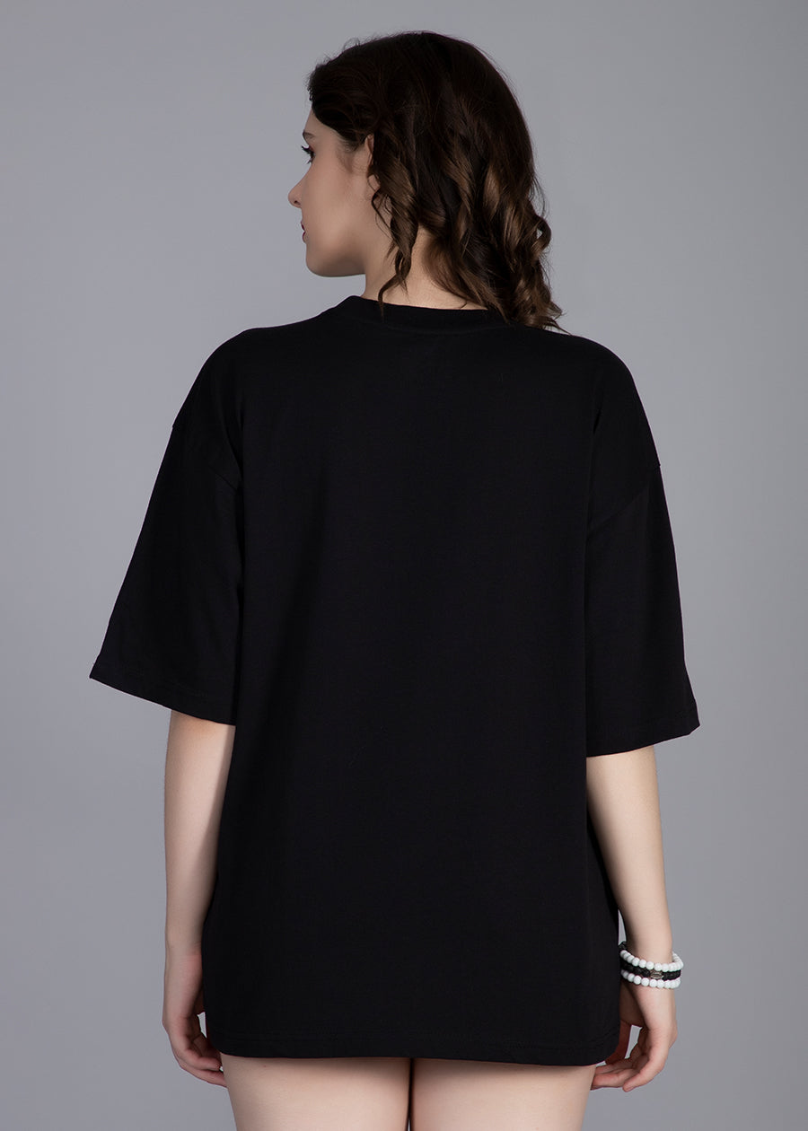 Slay Printed Black Oversized T-shirt Women _ Kurvy  -  Kurvy Oversized T-Shirt