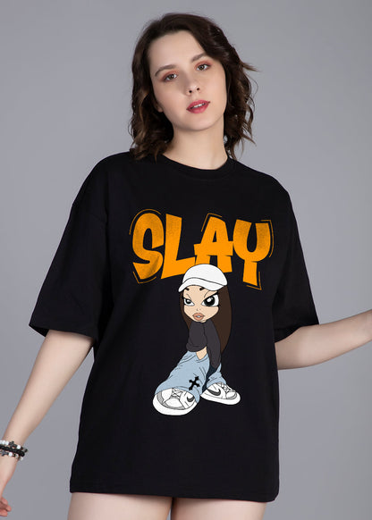 Slay Printed Black Oversized T-shirt Women _ Kurvy  -  Kurvy Oversized T-Shirt
