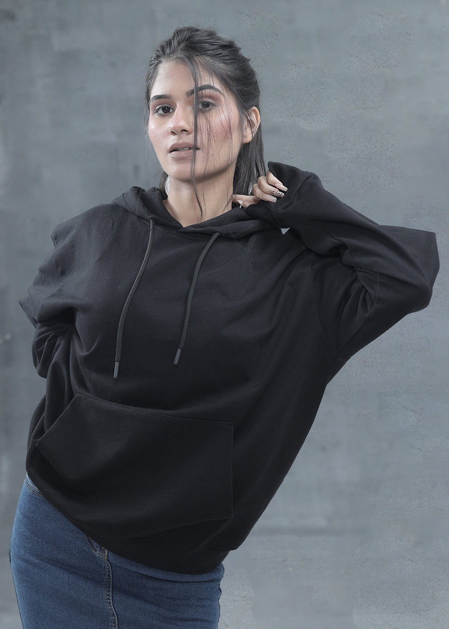 Solid Black Women Drop Shoulder Premium Terry Hoodie _ Kurvy  -  Kurvy Hoodie