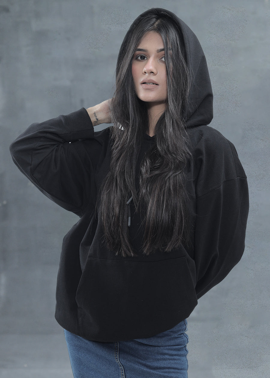 Solid Black Women Drop Shoulder Premium Terry Hoodie _ Kurvy  -  Kurvy Hoodie