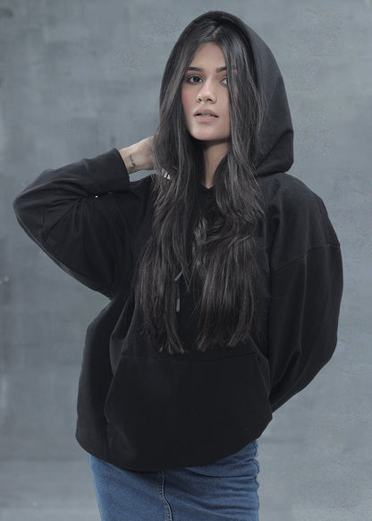 Solid Black Women Drop Shoulder Premium Terry Hoodie _ Kurvy  -  Kurvy Hoodie