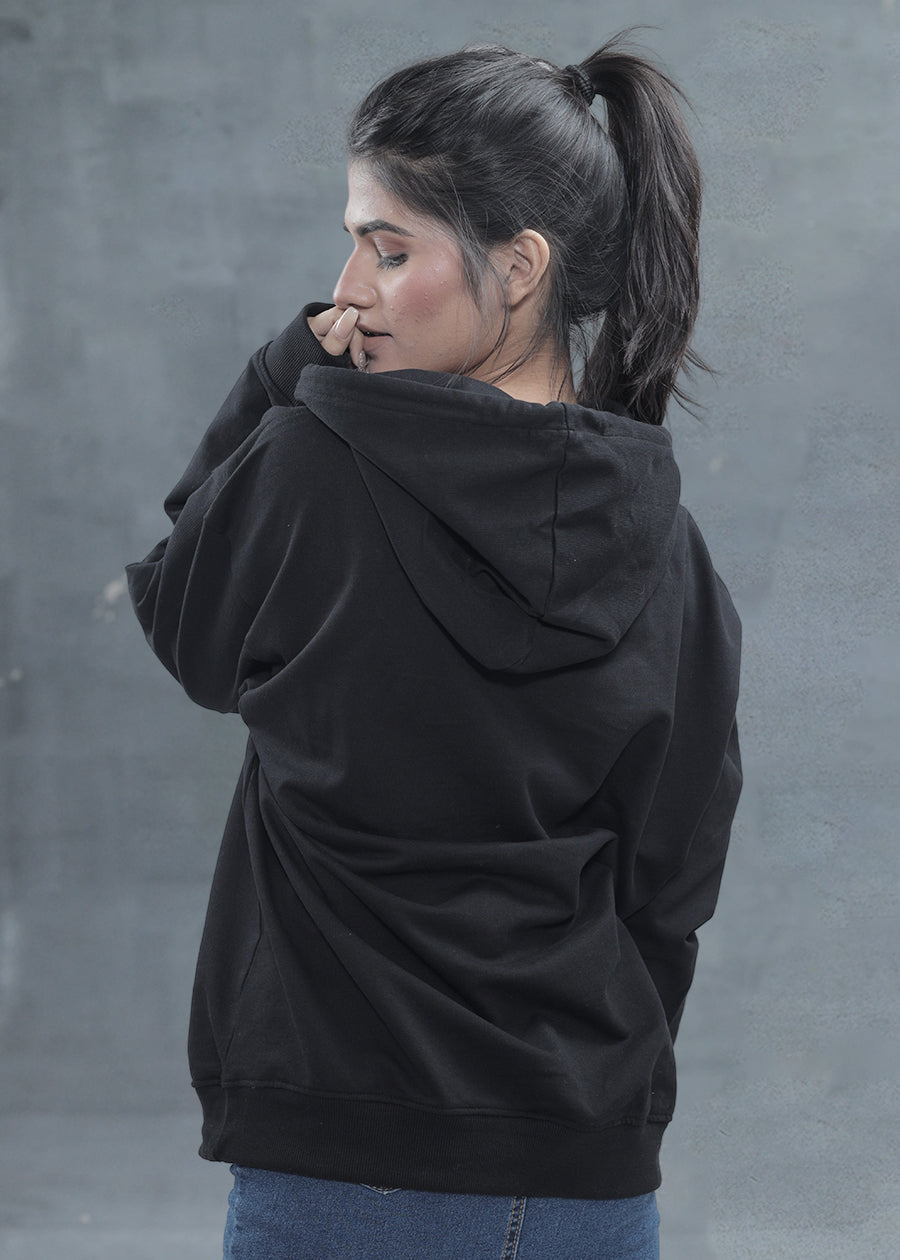 Solid Black Women Drop Shoulder Premium Terry Hoodie _ Kurvy  -  Kurvy Hoodie