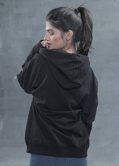 Solid Black Women Drop Shoulder Premium Terry Hoodie _ Kurvy  -  Kurvy Hoodie
