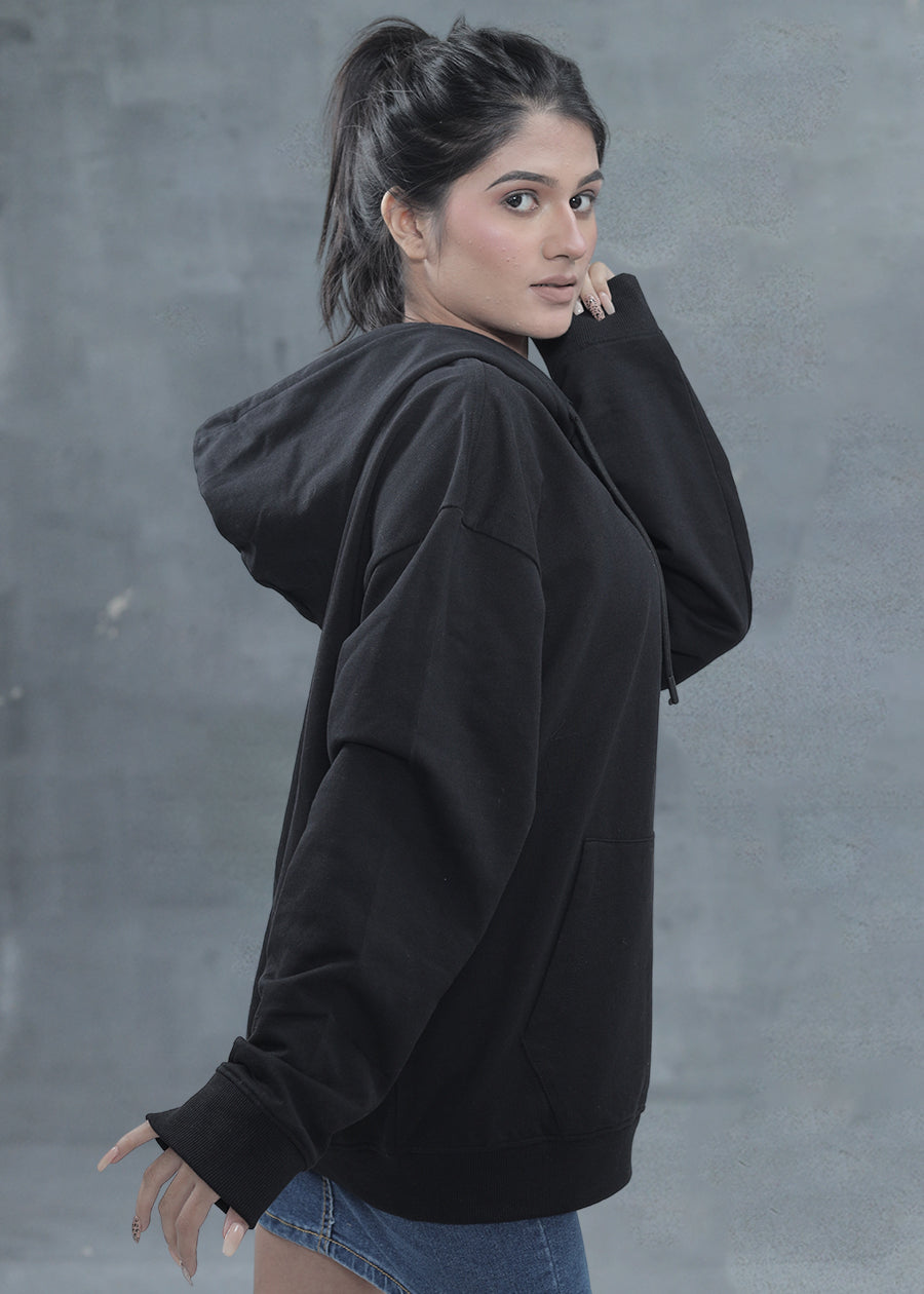 Solid Black Women Drop Shoulder Premium Terry Hoodie _ Kurvy  -  Kurvy Hoodie