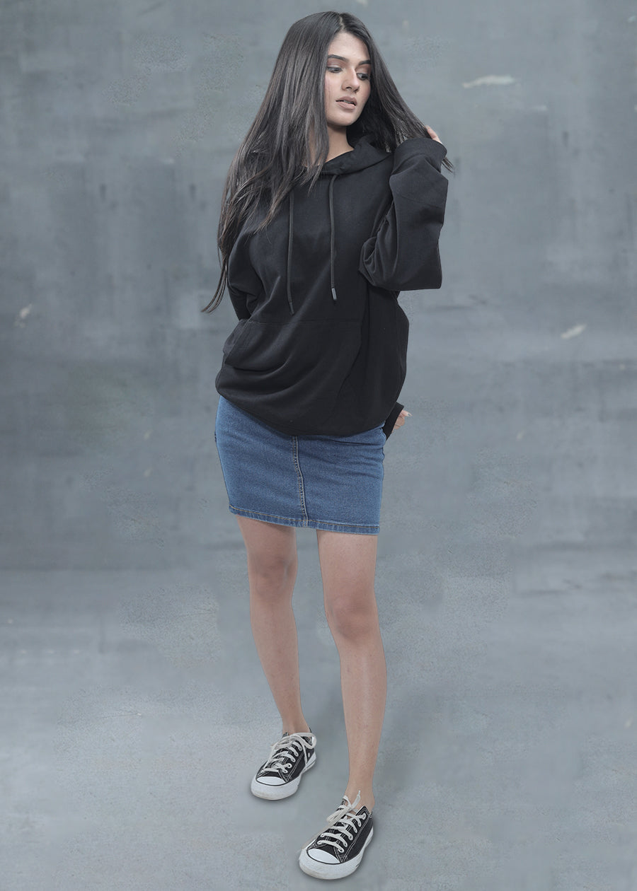 Solid Black Women Drop Shoulder Premium Terry Hoodie _ Kurvy  -  Kurvy Hoodie