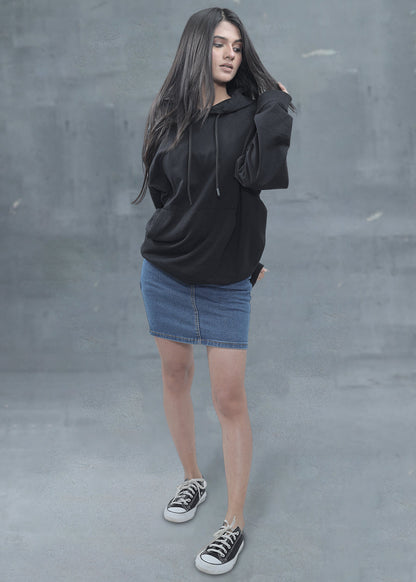 Solid Black Women Drop Shoulder Premium Terry Hoodie _ Kurvy  -  Kurvy Hoodie