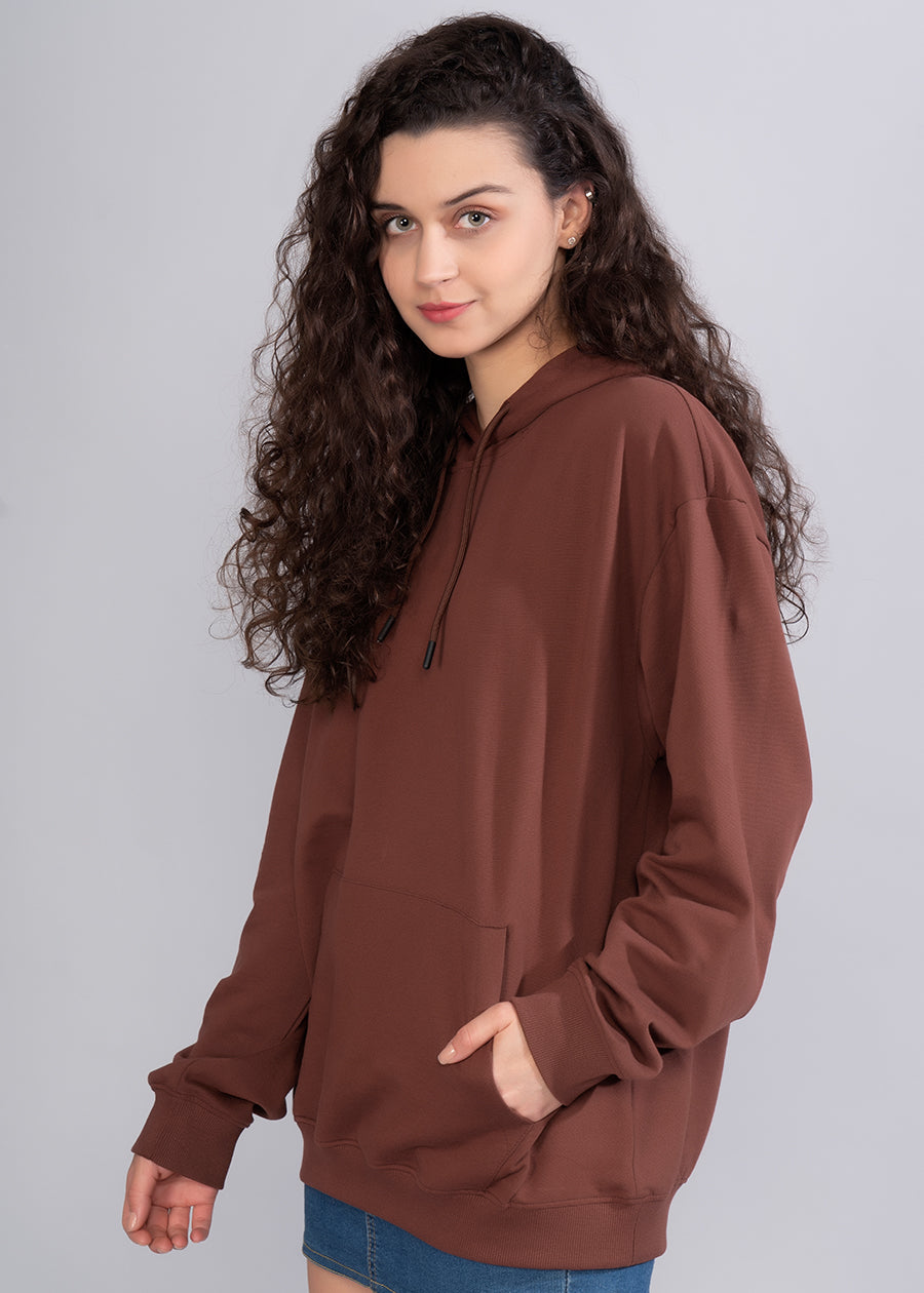 Solid Cocoa Womens Drop Shoulder Terry Hoodie _Kurvy  -  Kurvy Hoodie