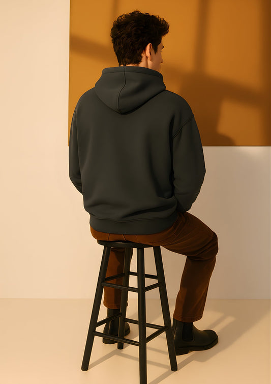 Solid Men Drop Shoulder Premium Terry Hoodie - Dark Grey  -  Kurvy Hoodie