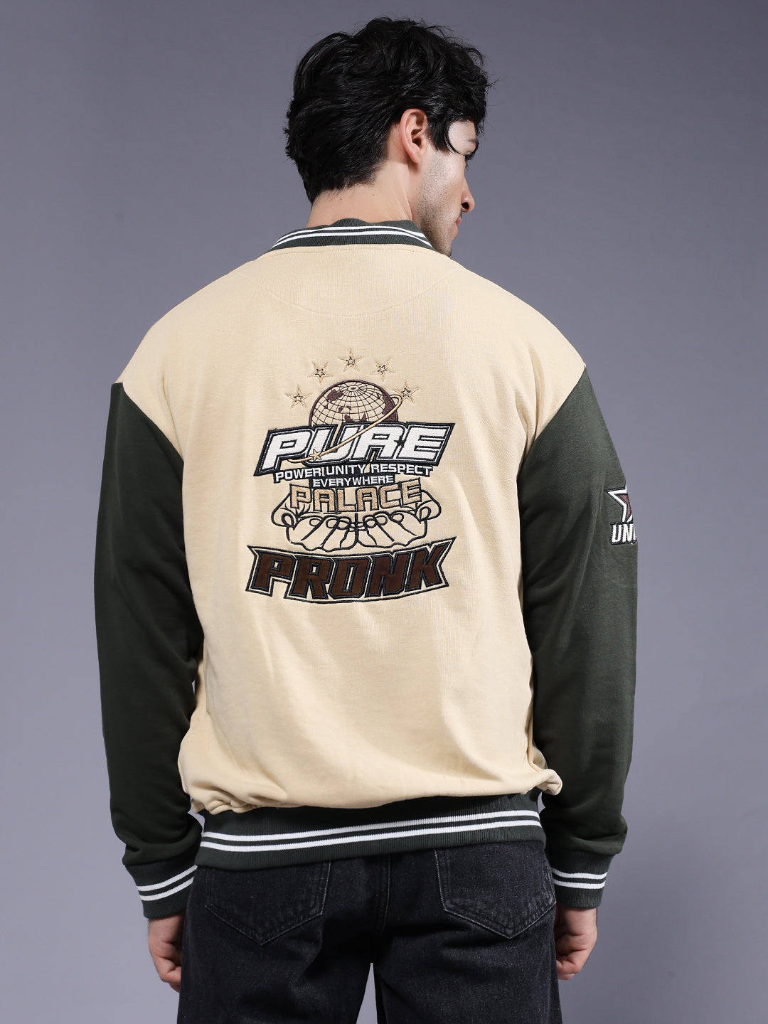 Respect Men Embroidered Varsity Bomber Jacket  -  Kurvy Jacket