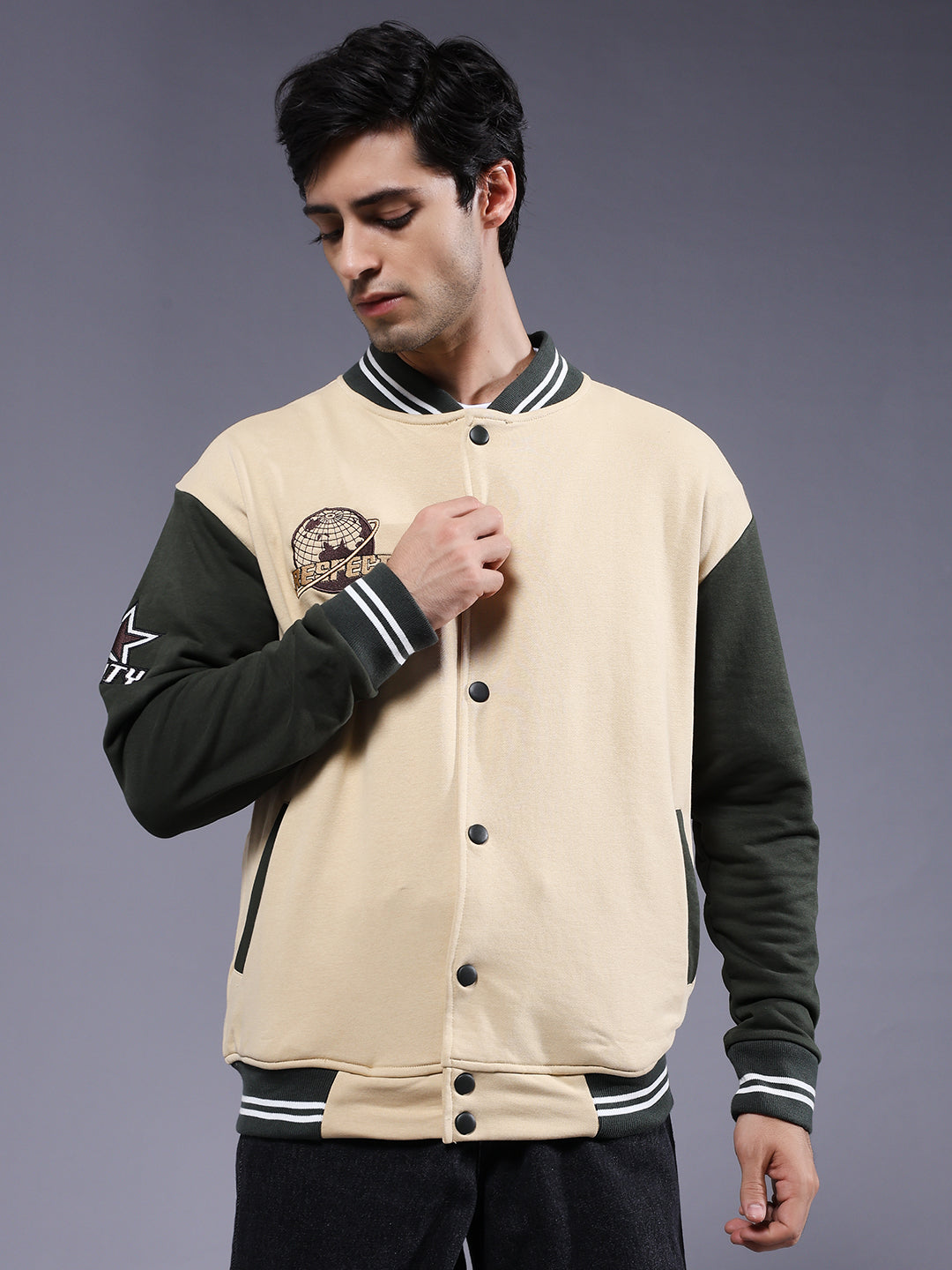 Respect Men Embroidered Varsity Bomber Jacket  -  Kurvy Jacket