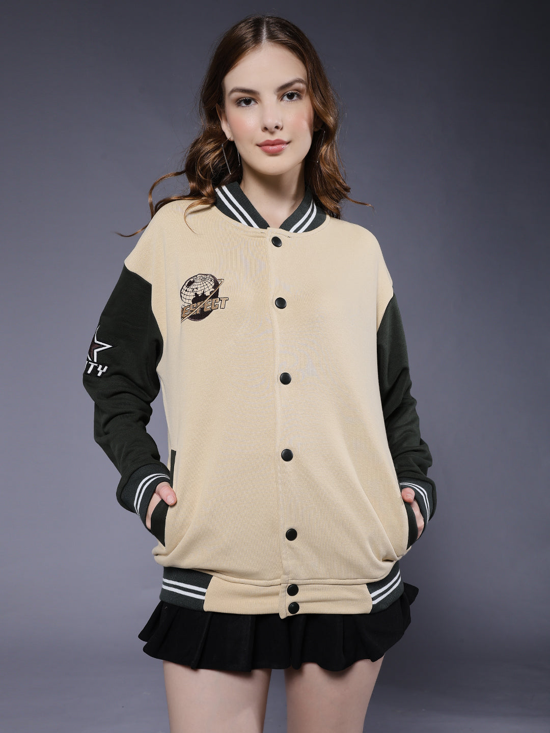 Respect Women Varsity Embroidered Bomber Jacket  -  Kurvy Jacket