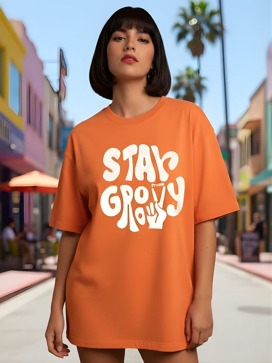 STAY GROOVY Women Graphic Oversized Printed T-Shirt  -  Kurvy Oversized T-Shirt