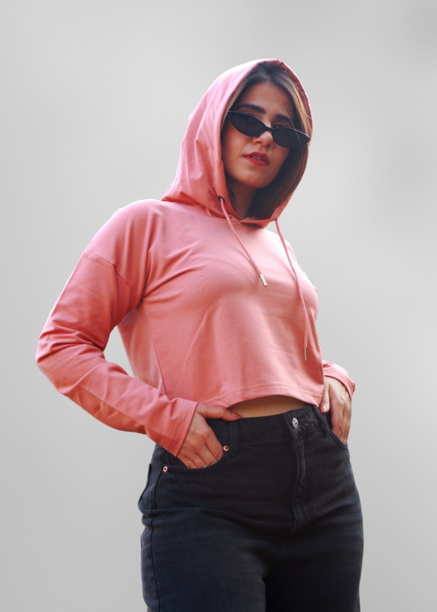 Salmon Pink Cropped Hoodie For Women _ Kurvy  -  Kurvy Hoodie