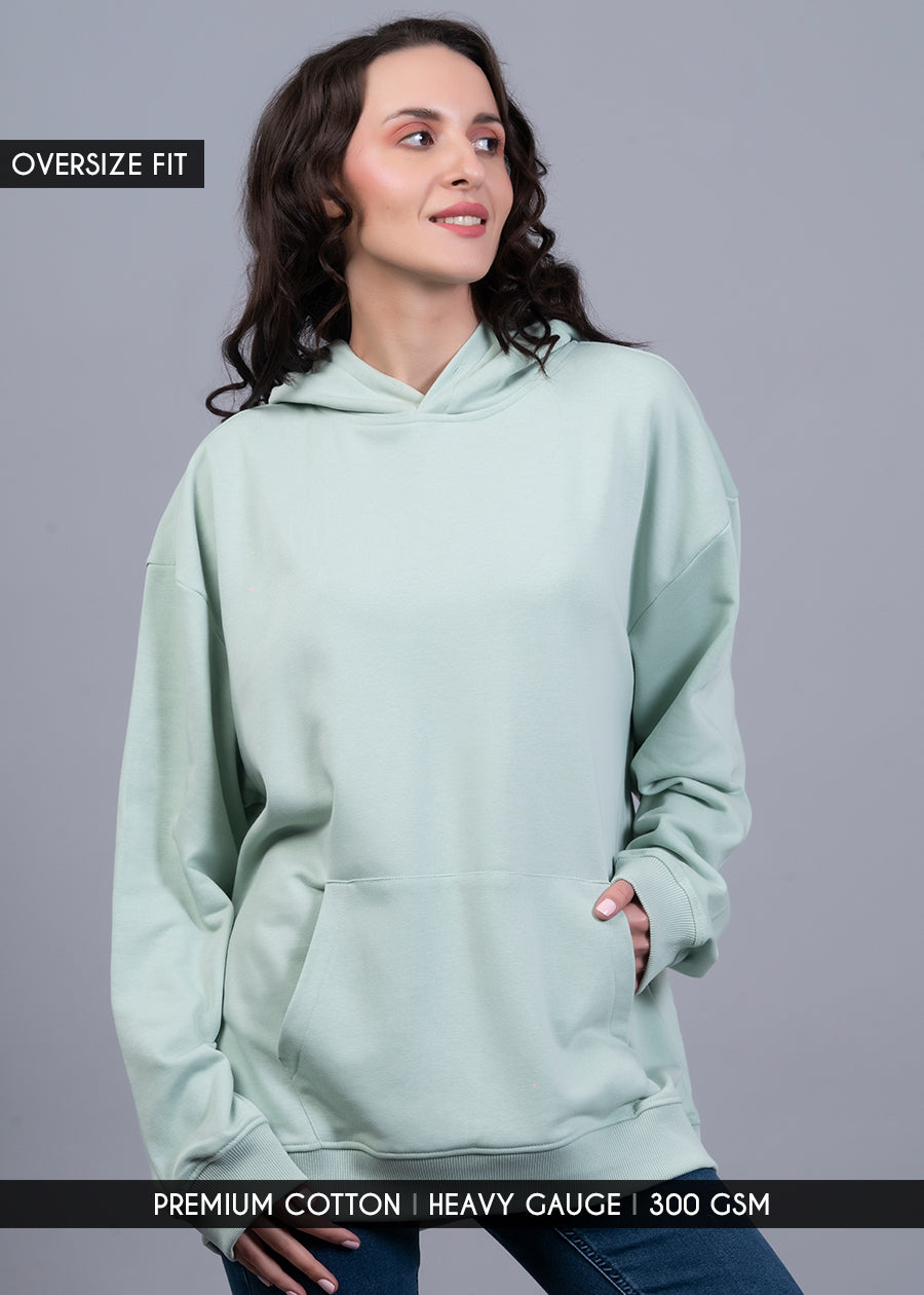 Solid Mint Green Women Drop Shoulder Terry Hoodie - Kurvy