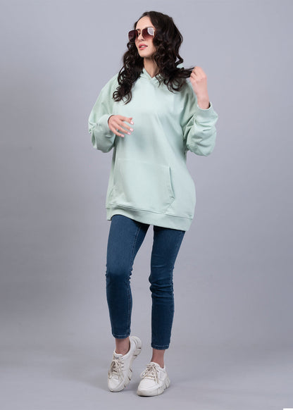 Solid Mint Green Women Drop Shoulder Terry Hoodie - Kurvy