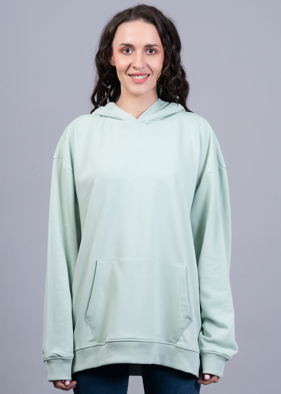 Solid Mint Green Women Drop Shoulder Terry Hoodie - Kurvy