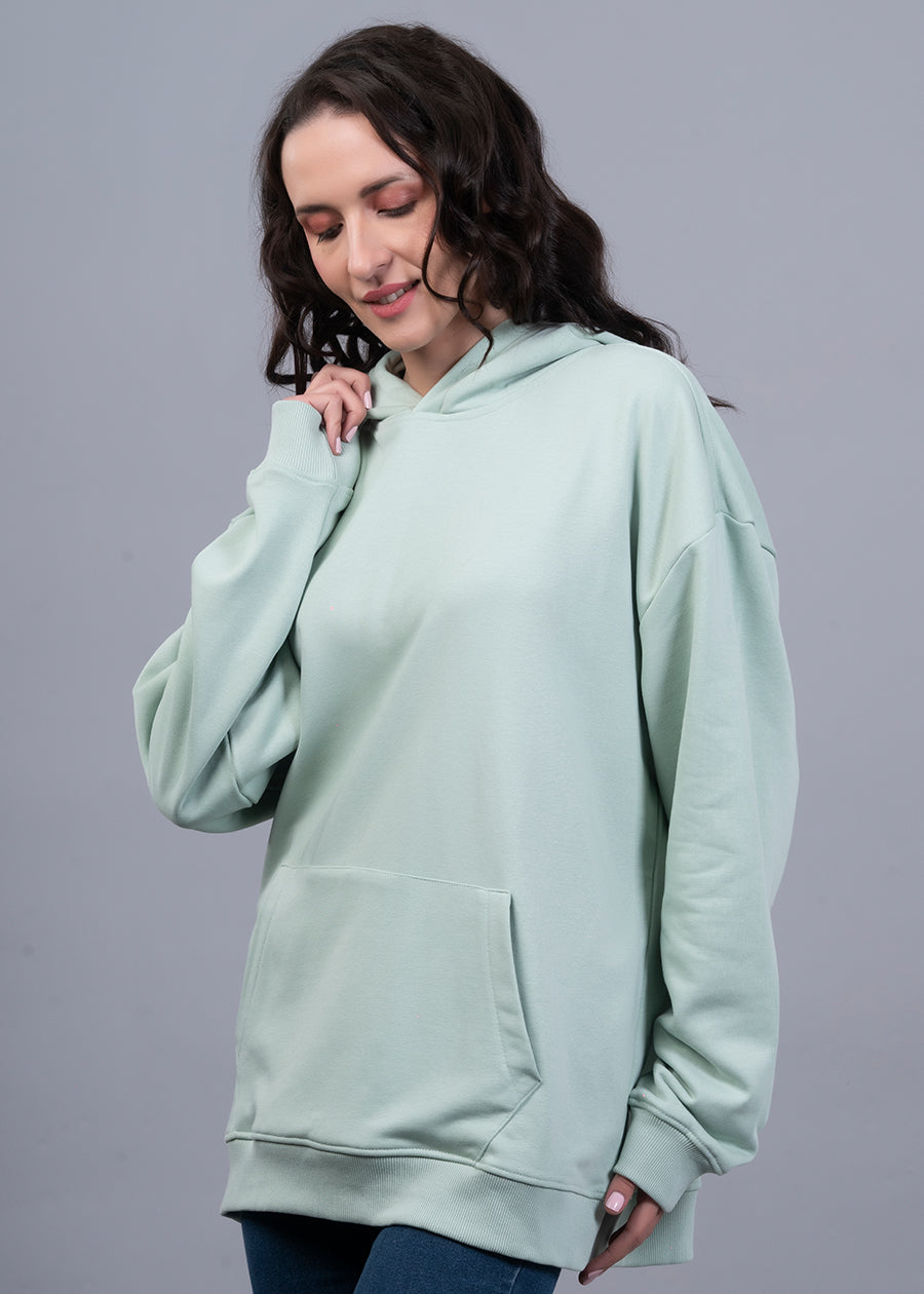 Solid Mint Green Women Drop Shoulder Terry Hoodie - Kurvy