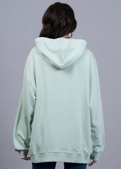 Solid Mint Green Women Drop Shoulder Terry Hoodie - Kurvy