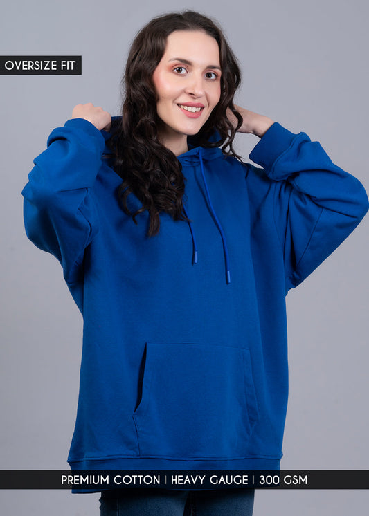 Solid Royal Blue Women Drop Shoulder Terry Hoodie - Kurvy